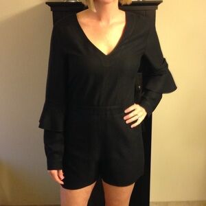 Black V-Neck Romper with Flared Sleeves